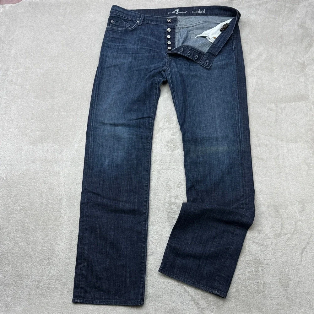 7 For All Mankind Standard Fit Jeans Mens 38 Blue Straight Leg Button Fly Preppy - Picture 1 of 12